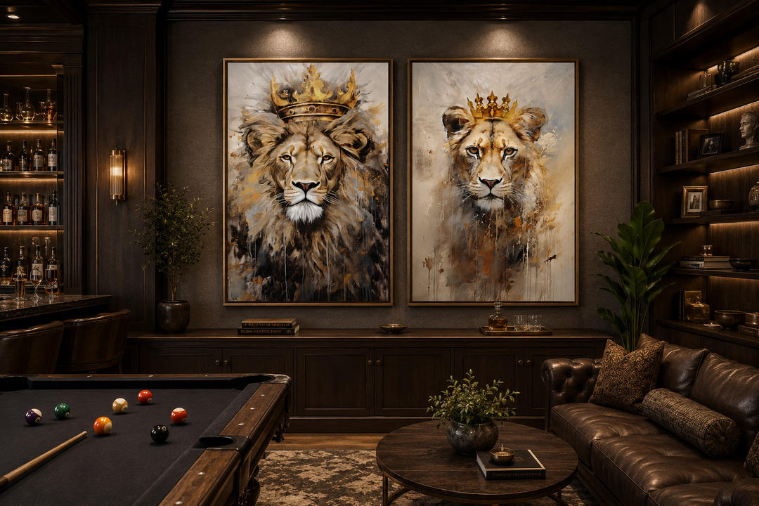 Set of 2 framed canvas prints featuring a lion king and lioness queen with gold crowns.