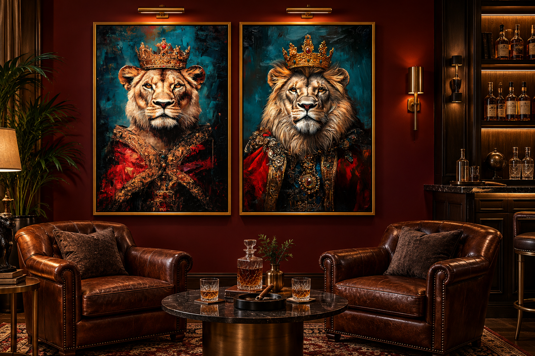 Lion King and Queen Victorian Portrait Set of 2 Wall Art in a dark room with leather armchairs.