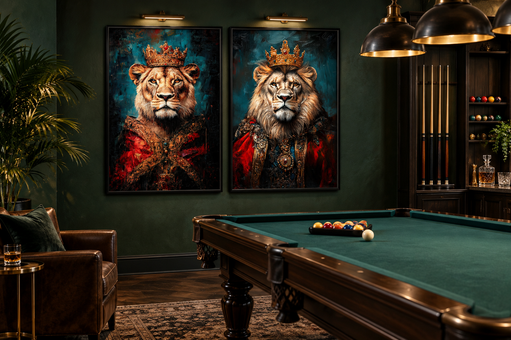 Lion King and Queen Victorian Portrait Set of 2 Wall Art in a dark green billiard room.