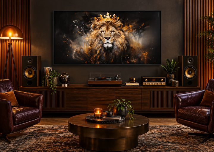 Lion King wall art canvas print featuring a regal lion with a gold crown in a modern living room.