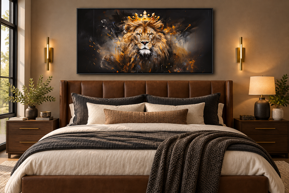 Regal lion canvas print with a gold crown displayed above a bed in a modern bedroom.