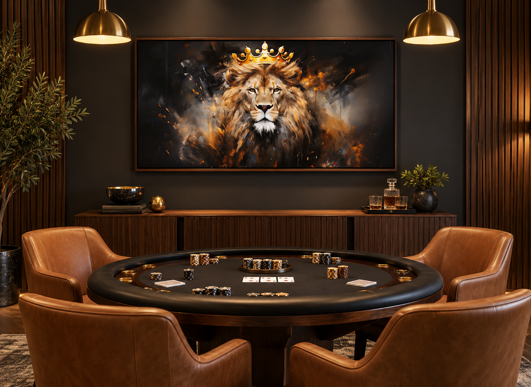 Regal lion canvas print with a gold crown displayed above a poker table in a modern game room.