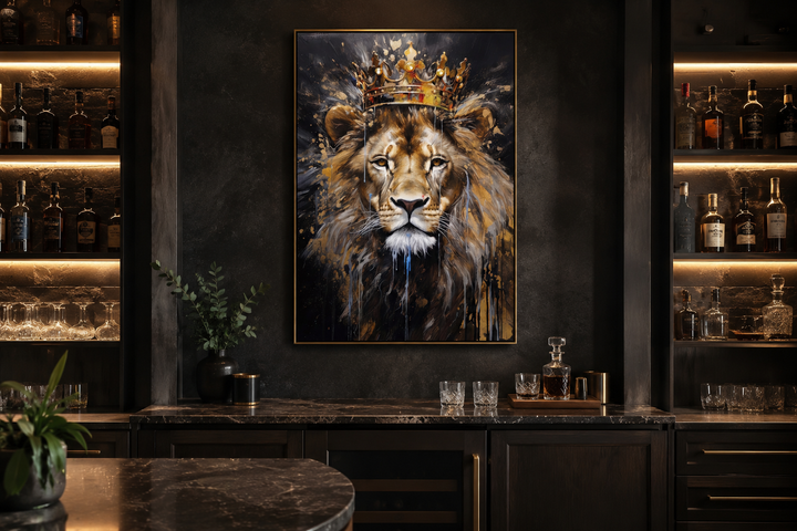 Lion King With Crown framed canvas wall art displayed in a dark, sophisticated home bar setting.