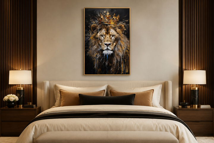 Lion King with Crown framed canvas wall art hanging above a bed in a modern bedroom.