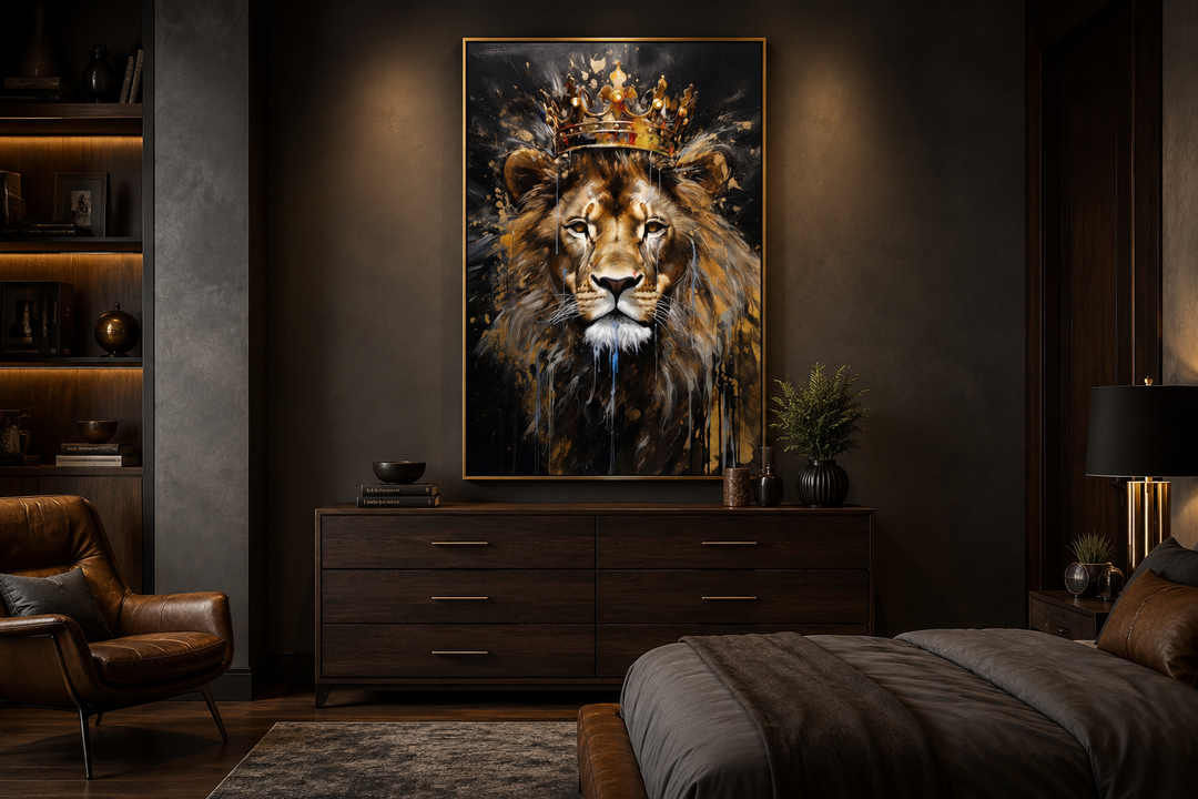 Framed canvas wall art of a regal lion wearing a gold crown in a dark, modern bedroom setting.