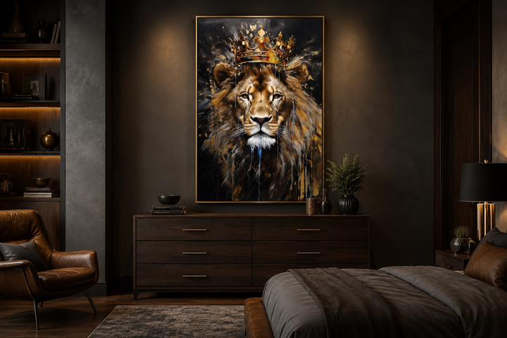 Framed canvas wall art of a regal lion wearing a gold crown in a dark, modern bedroom setting.