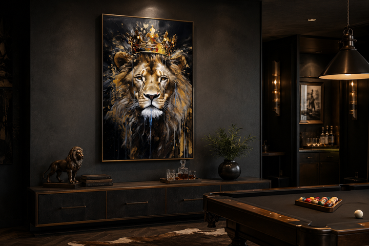 Lion King with Crown framed canvas wall art in a dark, sophisticated man cave with a pool table.