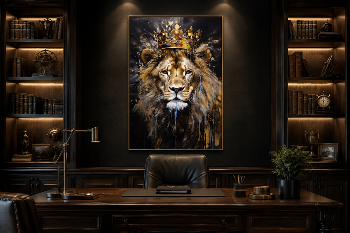 Lion King With Crown framed canvas wall art displayed in a dark, sophisticated office setting.