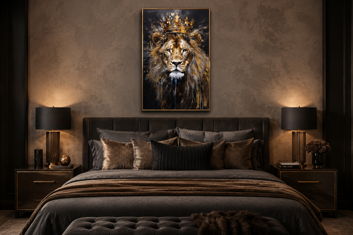 Lion King with Crown framed canvas wall art hanging above a bed in a dark, modern bedroom.