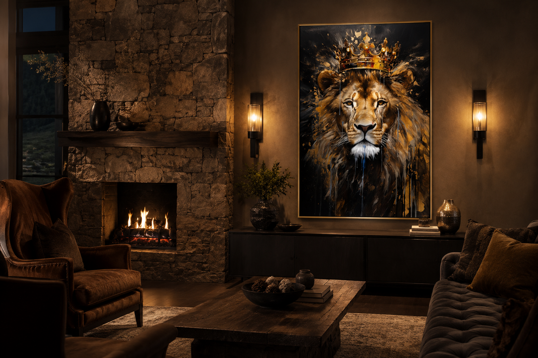 Lion King With Crown framed canvas wall art in a dark, modern living room with a stone fireplace.