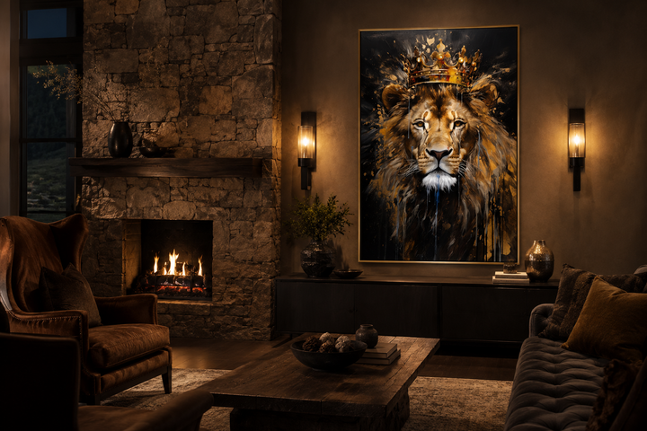 Lion King With Crown framed canvas wall art in a dark, modern living room with a stone fireplace.