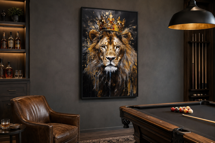 Lion King With Crown framed canvas wall art in a dark man cave with a pool table and leather chair.