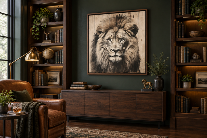Lion portrait on distressed wood framed canvas wall art in a dark green study with bookshelves.
