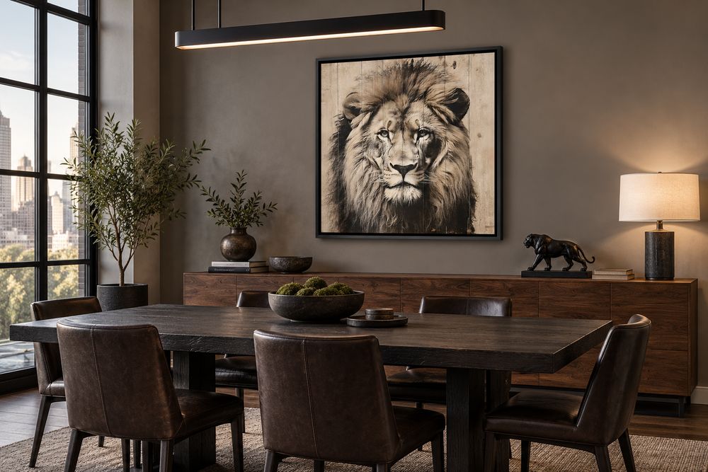 Lion portrait on distressed wood framed canvas wall art hanging in a modern dining room.
