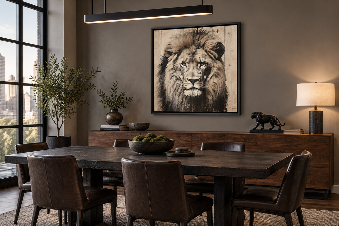 Lion portrait on distressed wood framed canvas wall art hanging in a modern dining room.