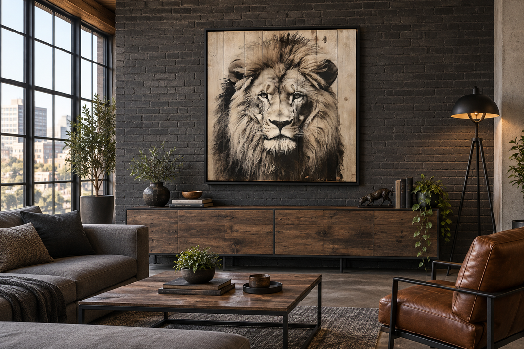 Lion portrait on distressed wood framed canvas wall art in a modern living room with brick wall.