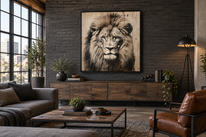 Lion portrait on distressed wood framed canvas wall art in a modern living room with brick wall.