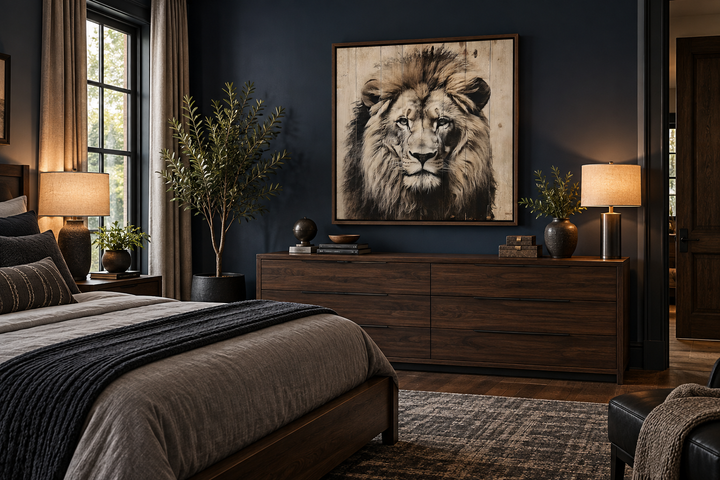 Lion portrait on distressed wood framed canvas wall art hanging above a dark wood dresser.