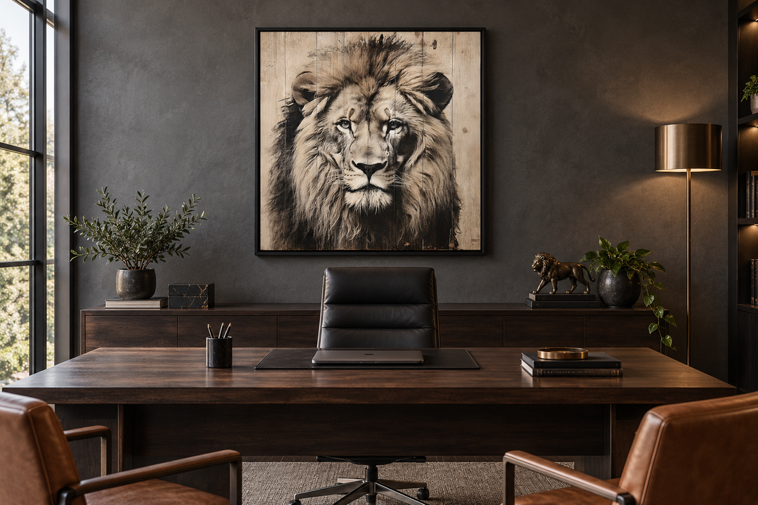 Black and white lion portrait on distressed wood framed canvas wall art in a modern office setting.
