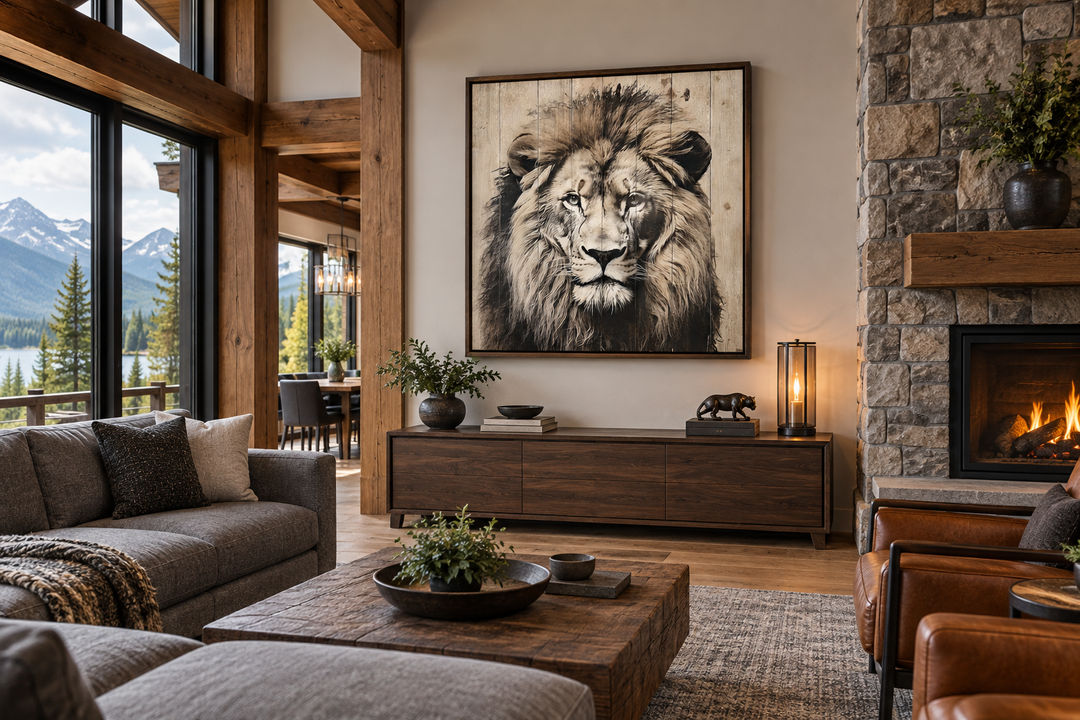 Lion portrait on distressed wood framed canvas wall art in a rustic living room above a sideboard.