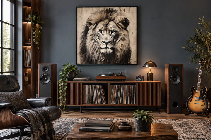 Lion portrait on distressed wood framed canvas wall art hanging above a wooden media console.