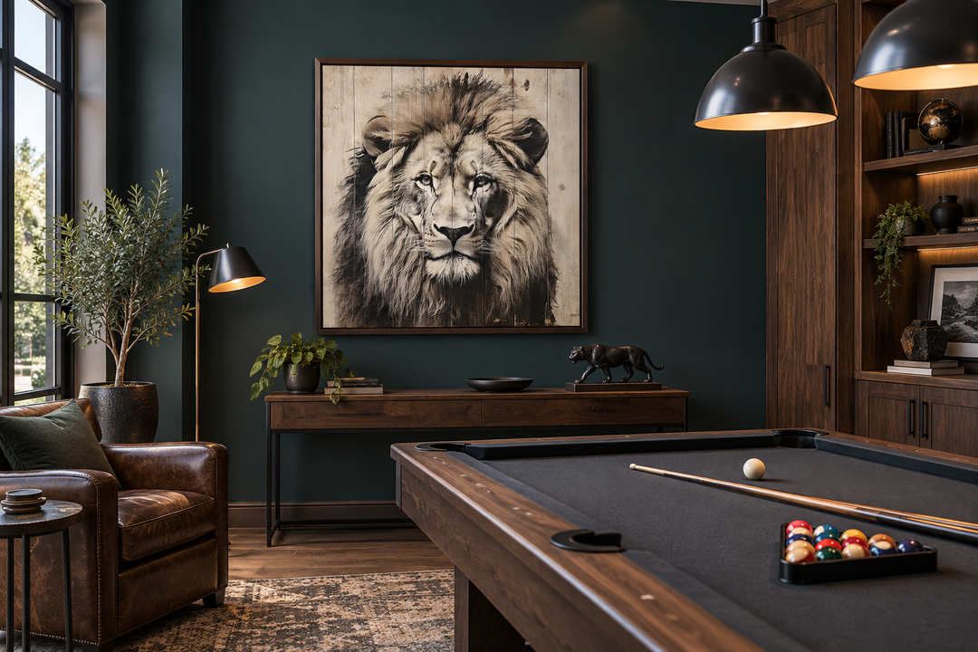 Lion portrait on distressed wood framed canvas wall art in a dark green study with a pool table.