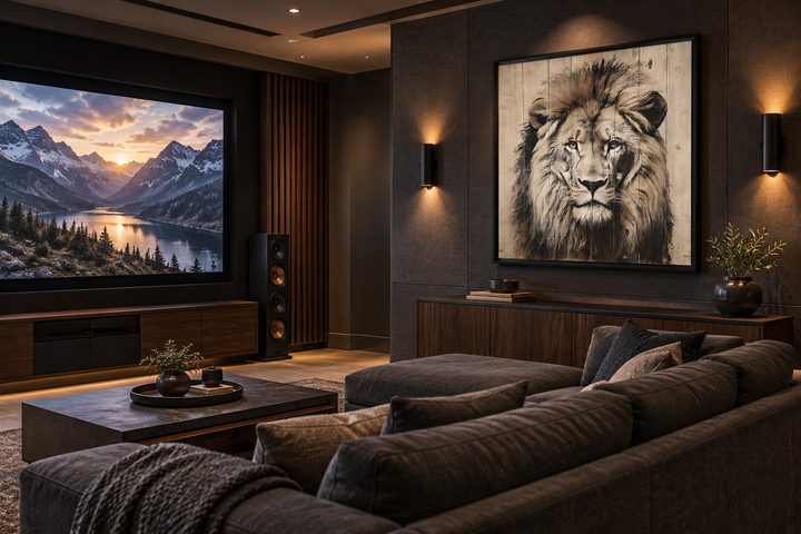 Lion portrait on distressed wood framed canvas wall art in a modern living room setting.