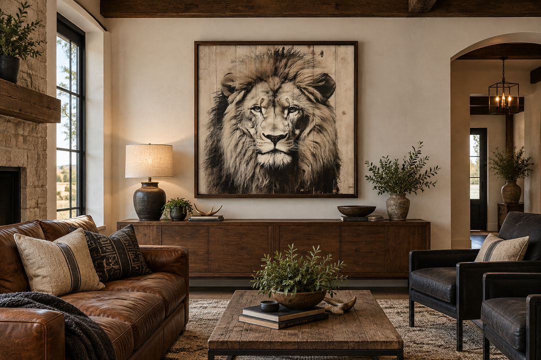 Lion portrait on distressed wood framed canvas wall art in a rustic living room setting.