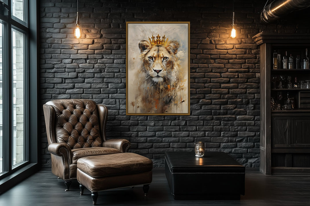 Lioness Queen With Crown Beige Gold Framed Canvas Wall Art