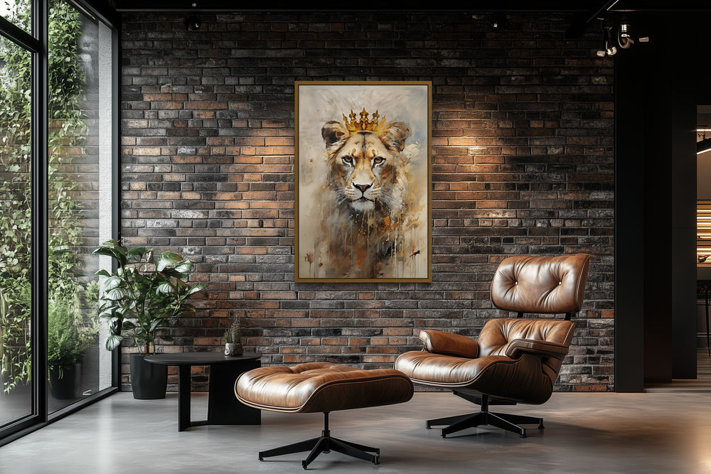 Lioness Queen With Crown Beige Gold Framed Canvas Wall Art