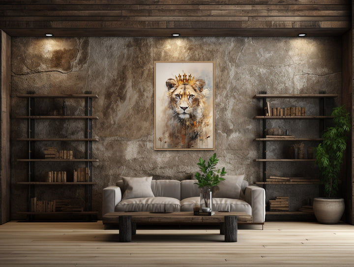 Lioness Queen With Crown Beige Gold Framed Canvas Wall Art in the basement