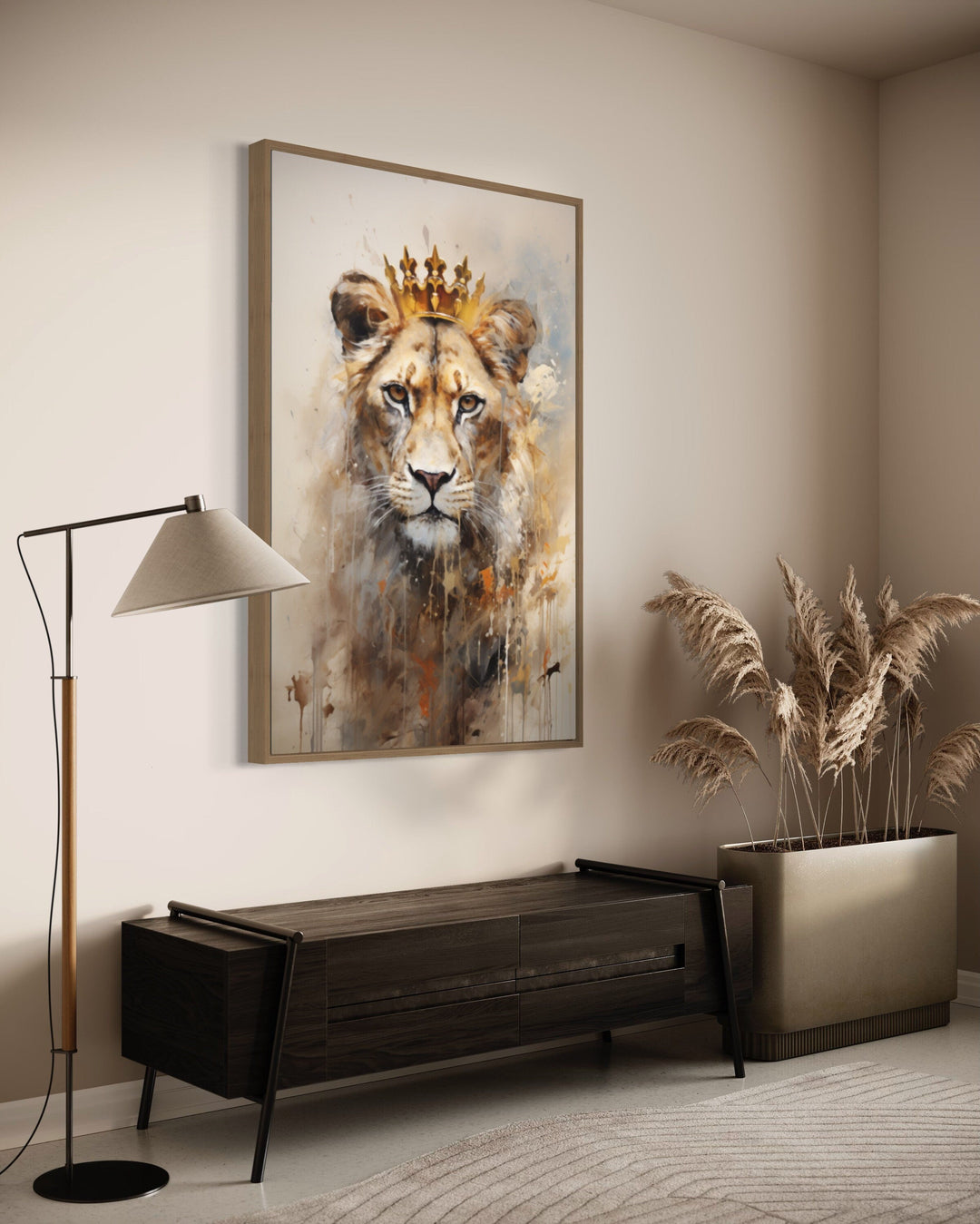 Lioness Queen With Crown Beige Gold Framed Canvas Wall Art side view