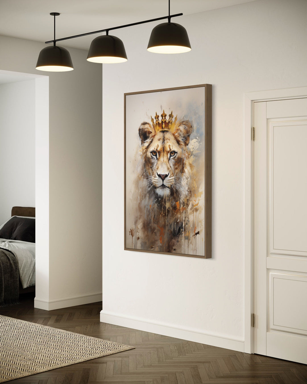 Lioness Queen With Crown Beige Gold Framed Canvas Wall Art in living room