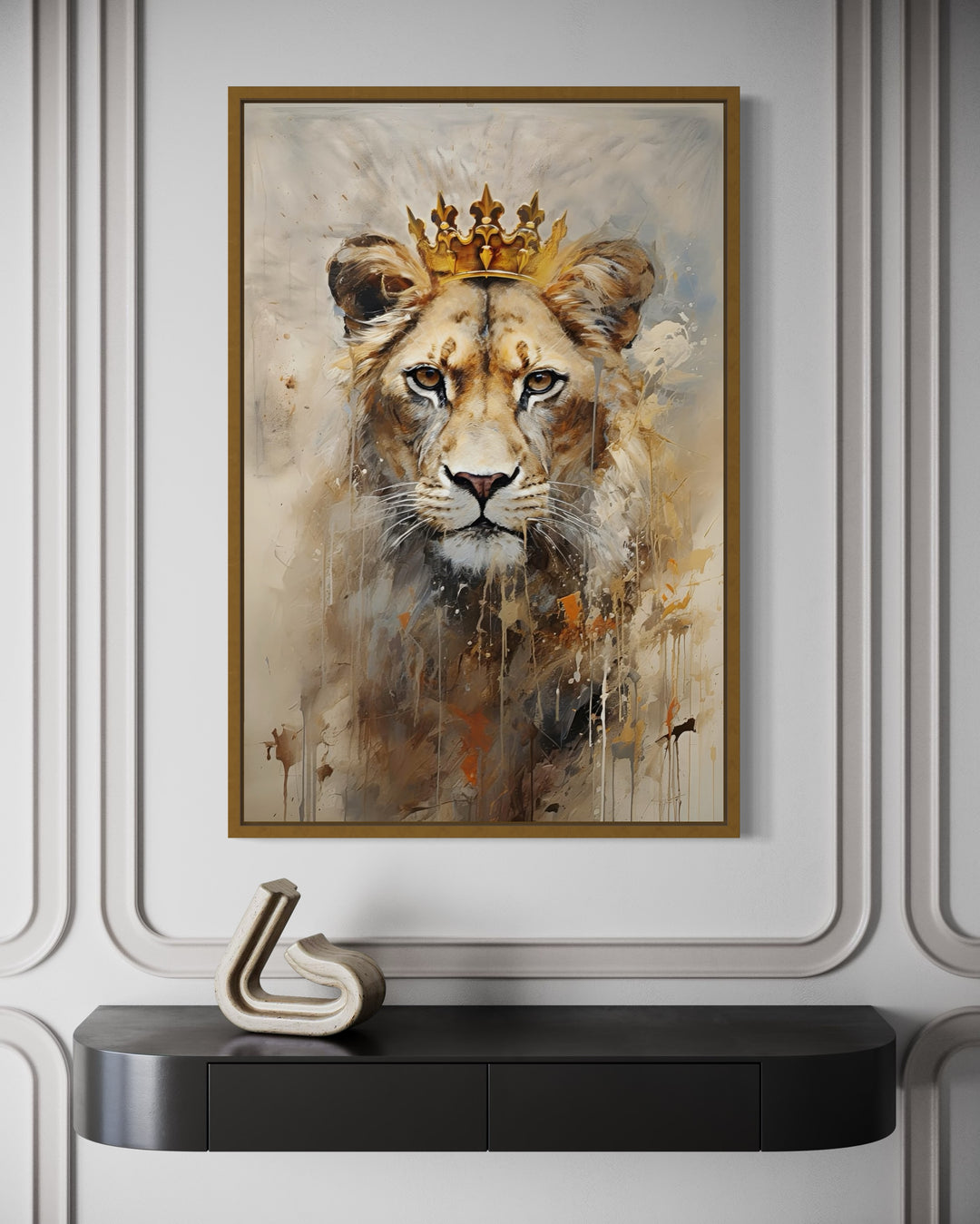 Lioness Queen With Crown Beige Gold Framed Canvas Wall Art