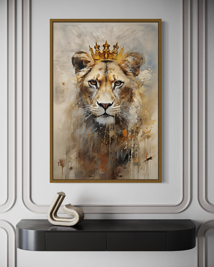 Lioness Queen With Crown Beige Gold Framed Canvas Wall Art