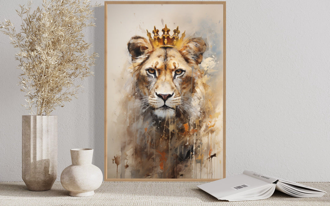 Lioness Queen With Crown Beige Gold Framed Canvas Wall Art close up