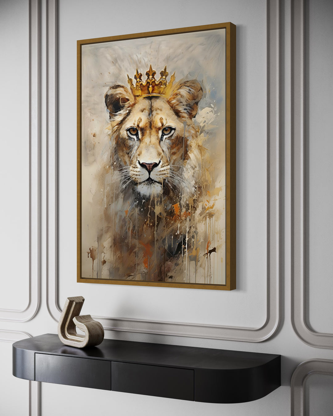 Lioness Queen With Crown Beige Gold Framed Canvas Wall Art