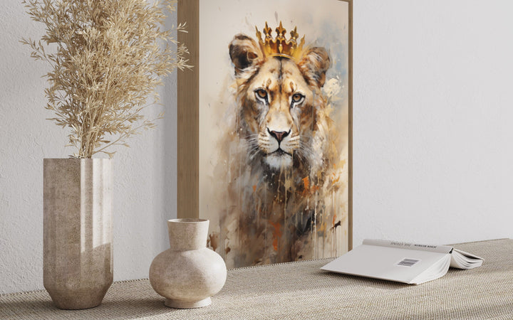 Lioness Queen With Crown Beige Gold Framed Canvas Wall Art side view