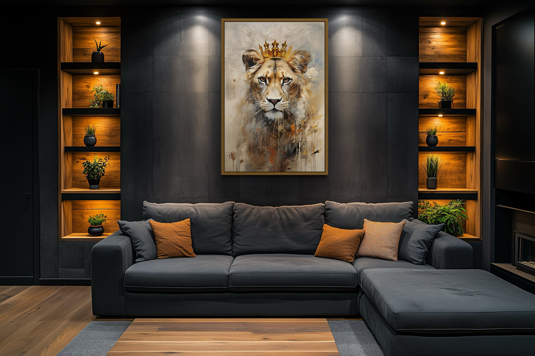 Lioness Queen With Crown Beige Gold Framed Canvas Wall Art