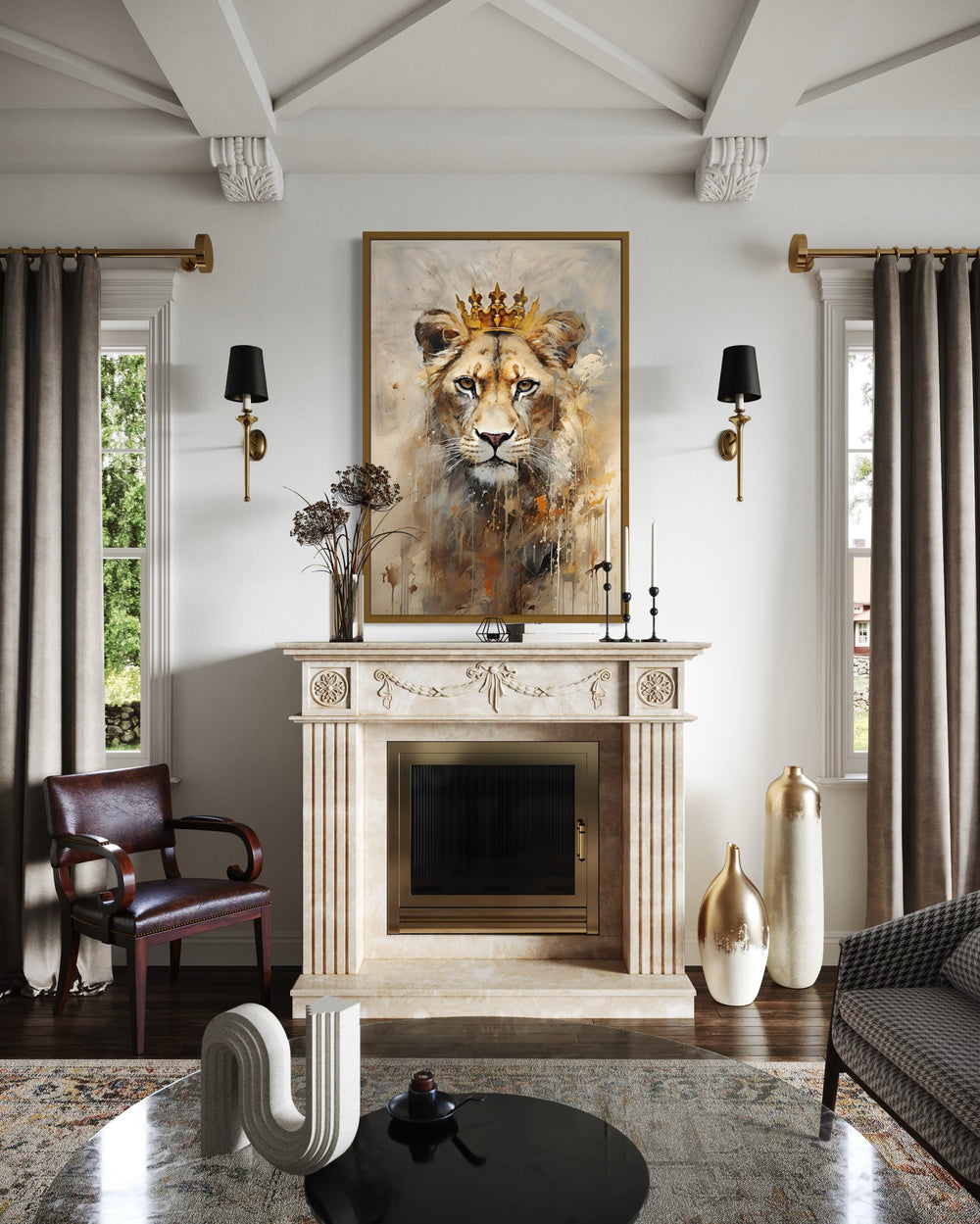 Lioness Queen with gold crown framed canvas wall art above a fireplace in a modern living room.