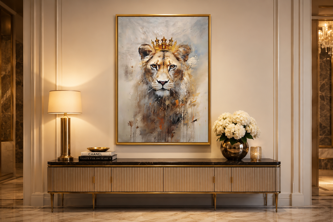 Lioness queen with gold crown framed canvas wall art above a beige sideboard with gold accents.