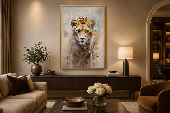 Lioness queen with gold crown framed canvas wall art in a modern beige and gold living room.