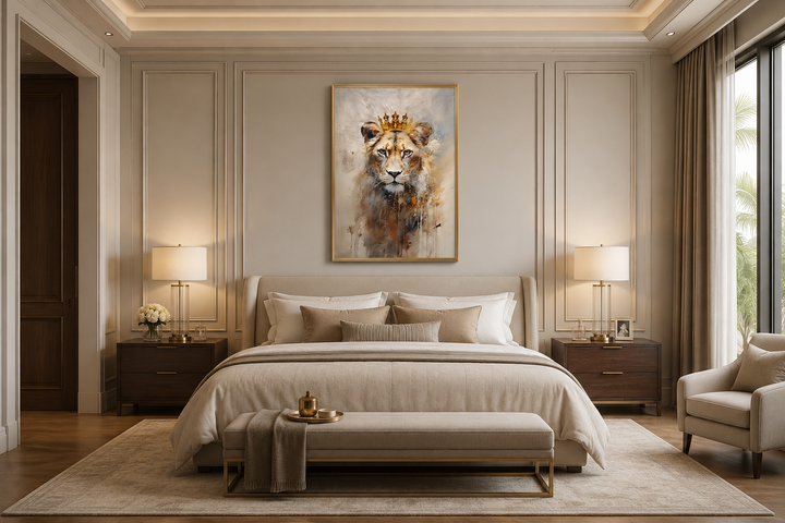Lioness queen with a gold crown framed canvas wall art above a bed in a neutral-toned bedroom.
