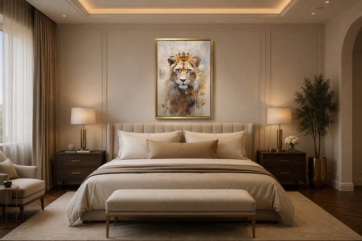 Lioness queen with gold crown in a beige and gold frame above a bed in a neutral-toned bedroom.