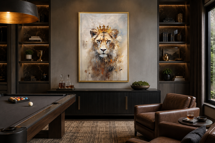 Lioness queen with gold crown framed canvas wall art in a modern office or lounge setting.