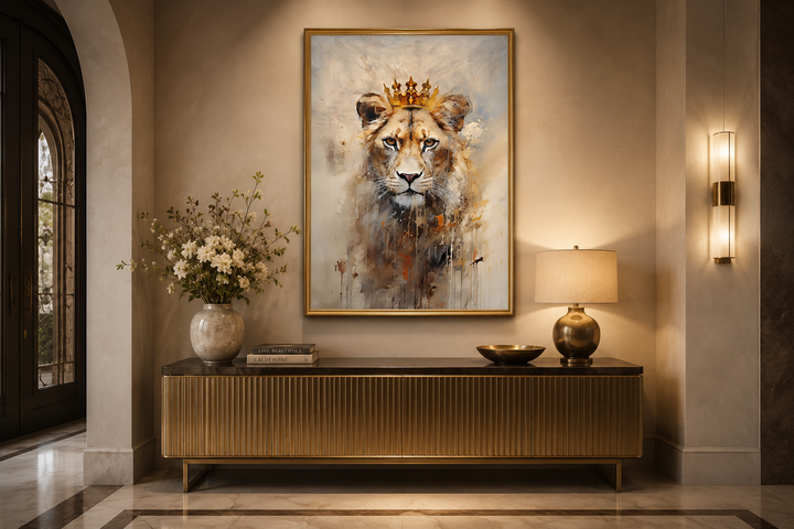 Lioness queen with gold crown framed canvas wall art above a gold sideboard in a modern room.