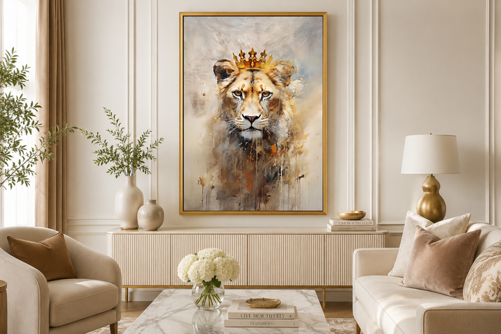 Lioness queen with a gold crown in a beige and gold frame, displayed in a modern living room.