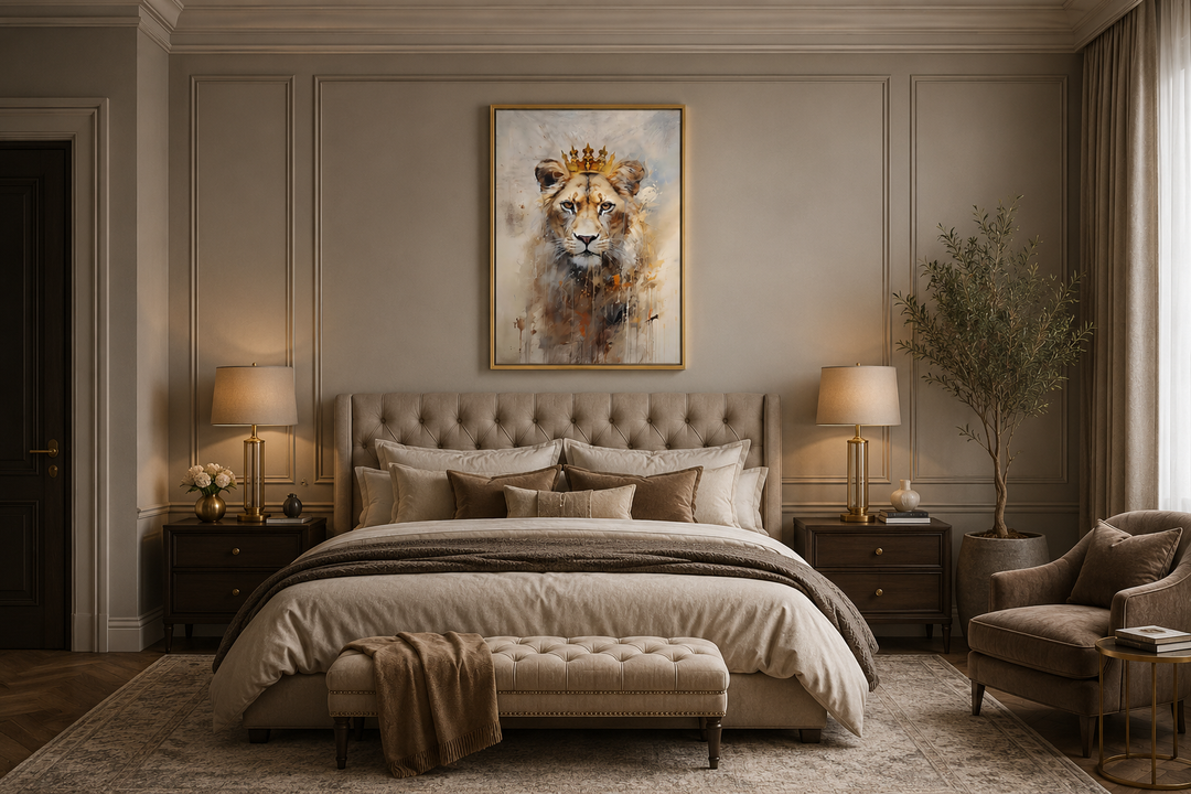 Lioness queen with gold crown framed canvas wall art hanging above a bed in a beige bedroom.