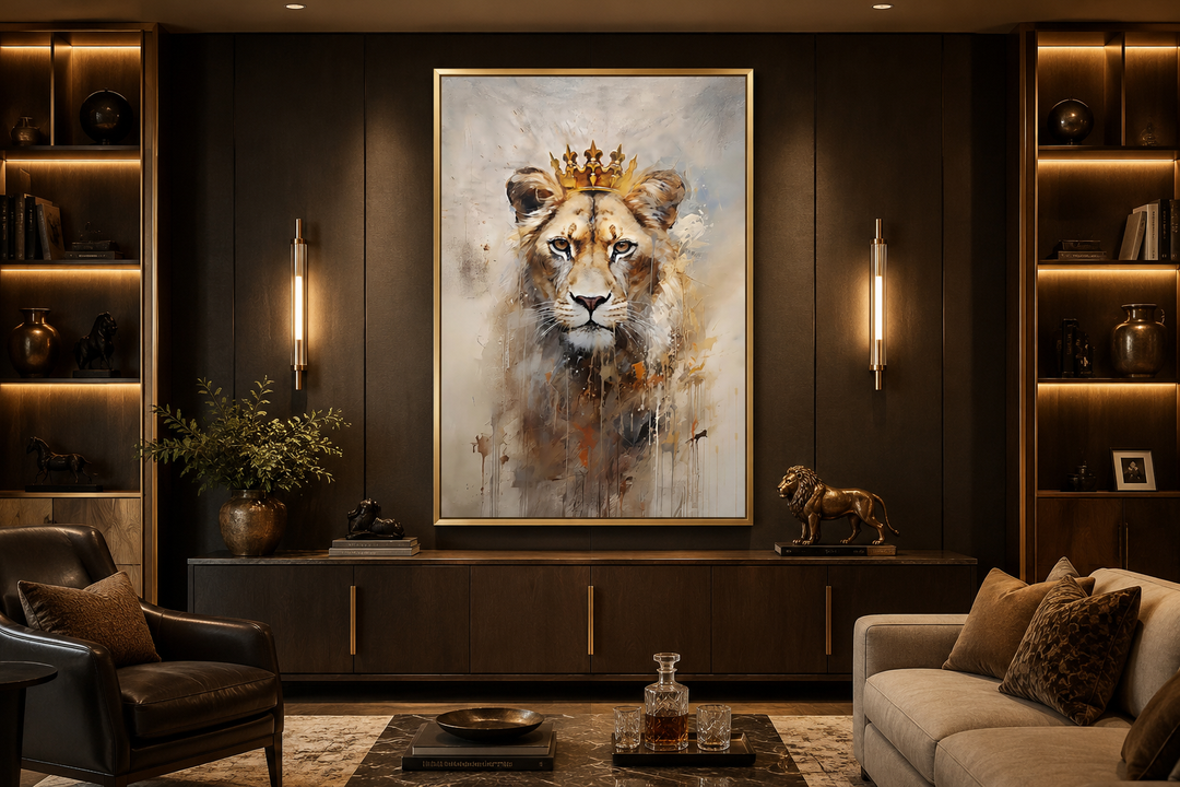 Lioness Queen with gold crown framed canvas wall art in a modern office with dark wood furniture.
