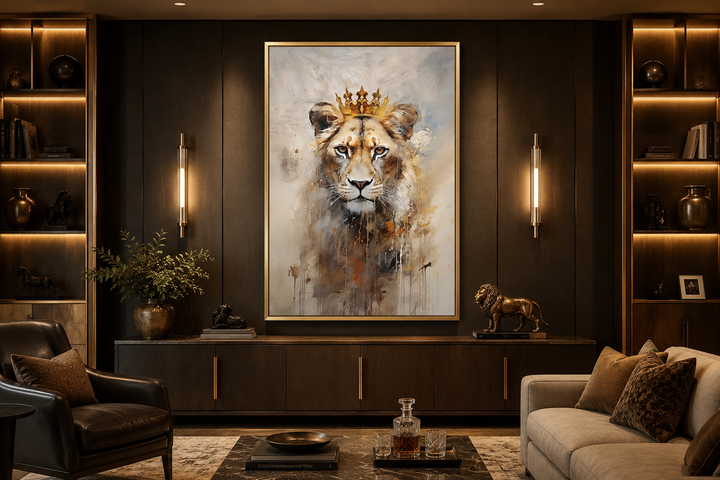 Lioness Queen with gold crown framed canvas wall art in a modern office with dark wood furniture.